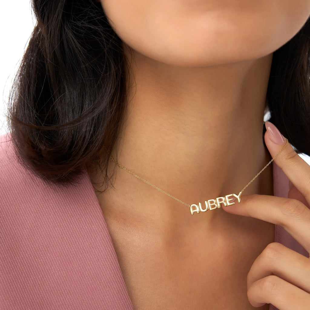 14k Solid Gold Personalized Bubble Name Necklace Custom Pendant