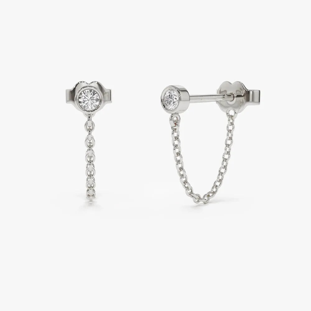 14k Gold Diamond Round Cut Bezel Setting Stud Chain Earrings 0.12 ctw