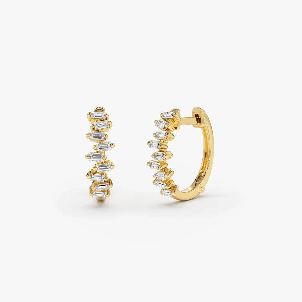 14k Gold Lab Grown Diamond Baguette Cut Horizontal Set Mini Huggie Hoop Earrings 0.39 ctw