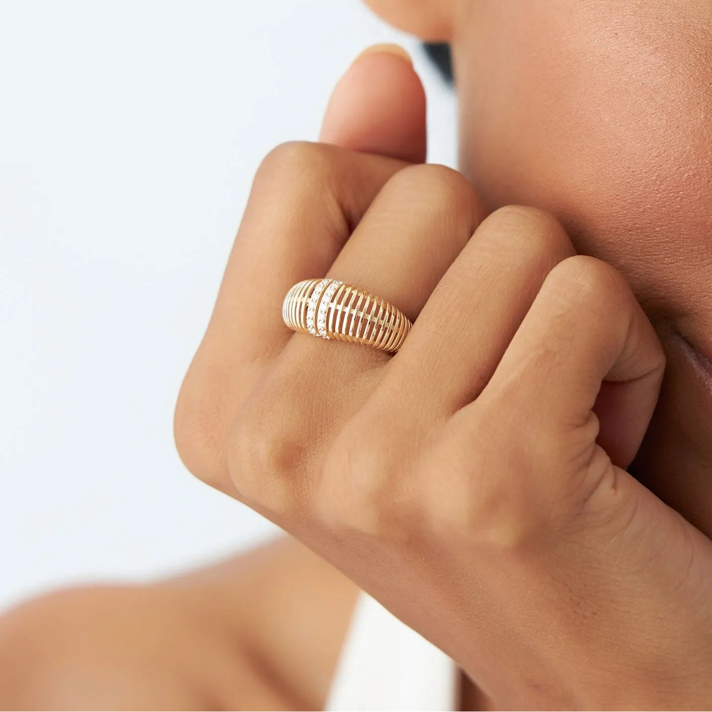 14k Solid Gold Round Diamond 0.18 Carat Ribbed Dome Statement Ring