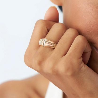 14k Solid Gold Round Diamond 0.18 Carat Ribbed Dome Statement Ring