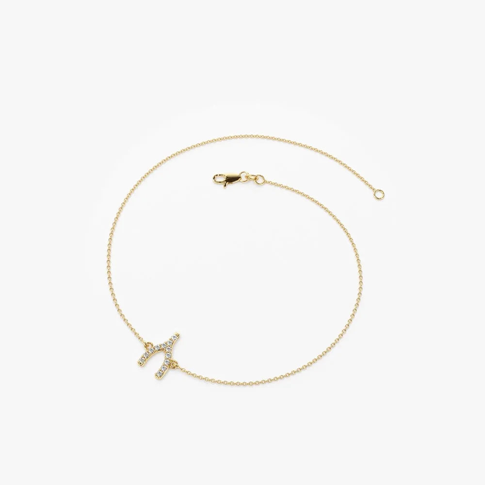 14K Solid Gold Round Diamond Wishbone Charm Bracelet Micro Pave 0.08 Carat