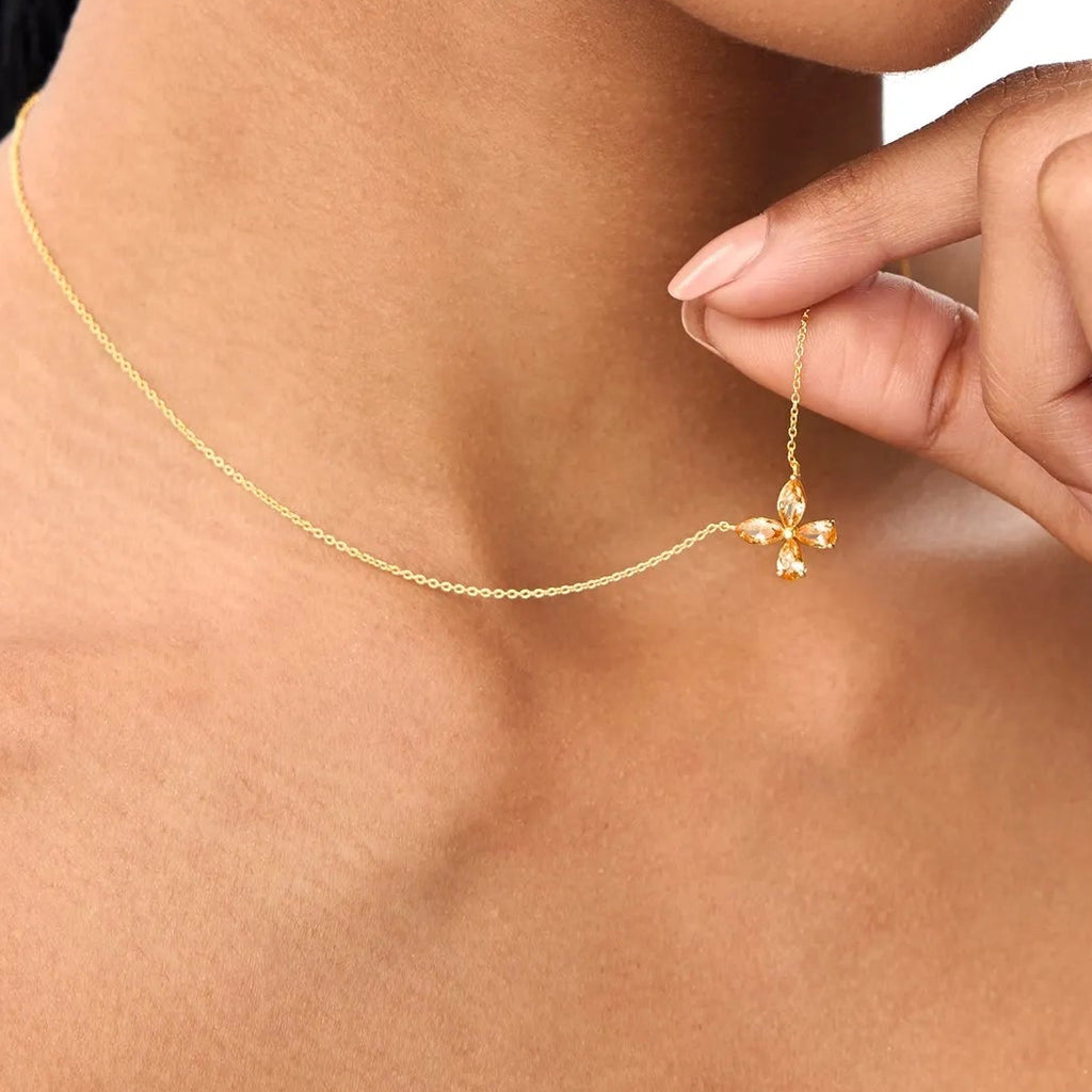 14k Solid Gold Citrine Pear and Marquise Butterfly Necklace 0.90 Carat
