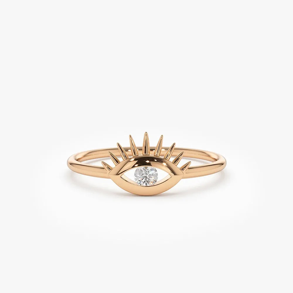 14k Gold Round Diamond Evil Eye Ring Channel Setting 0.07ctw