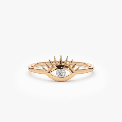 14k Gold Round Diamond Evil Eye Ring Channel Setting 0.07ctw