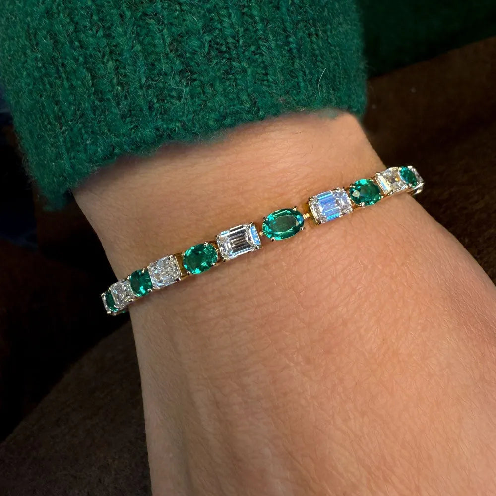 14K Gold Lab Grown Colombian Emerald and Lab Grown Diamond 4 Prong Bracelet