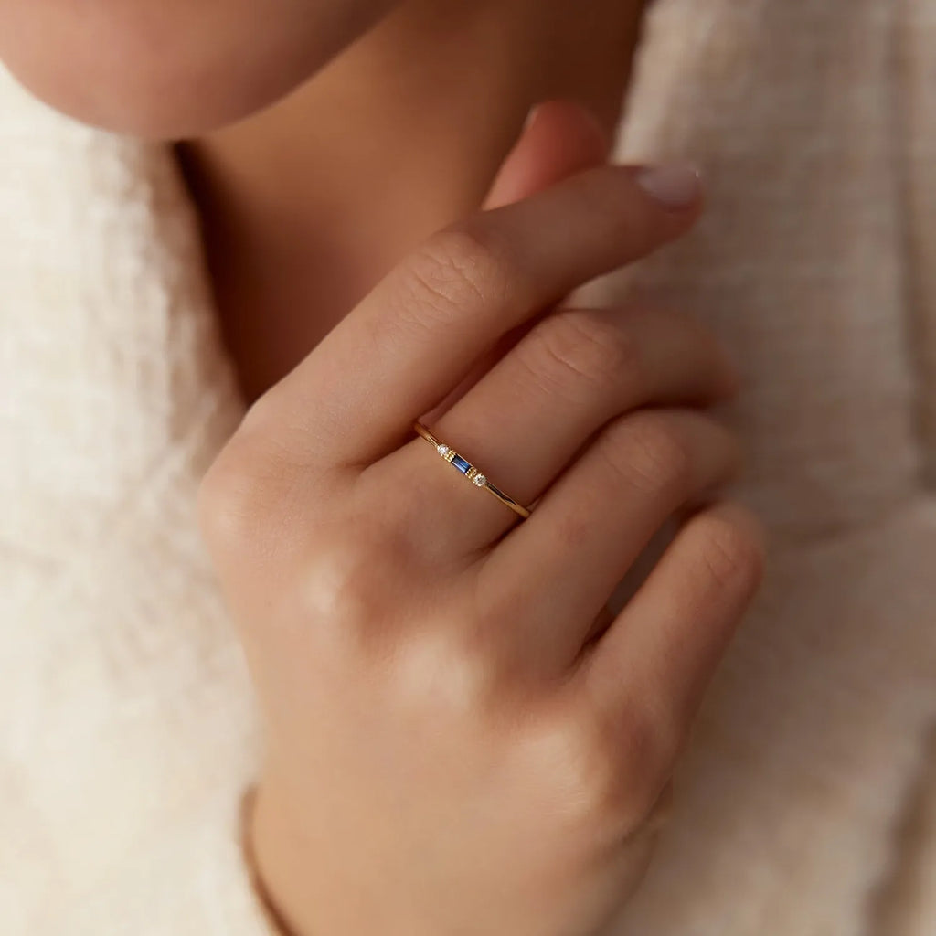 14k Gold Blue Sapphire and Diamond Baguette Cut Ring 0.384 ctw