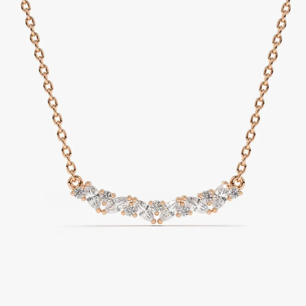 14K Solid Gold Marquise and Round Diamond Slanted Necklace 0.28ctw