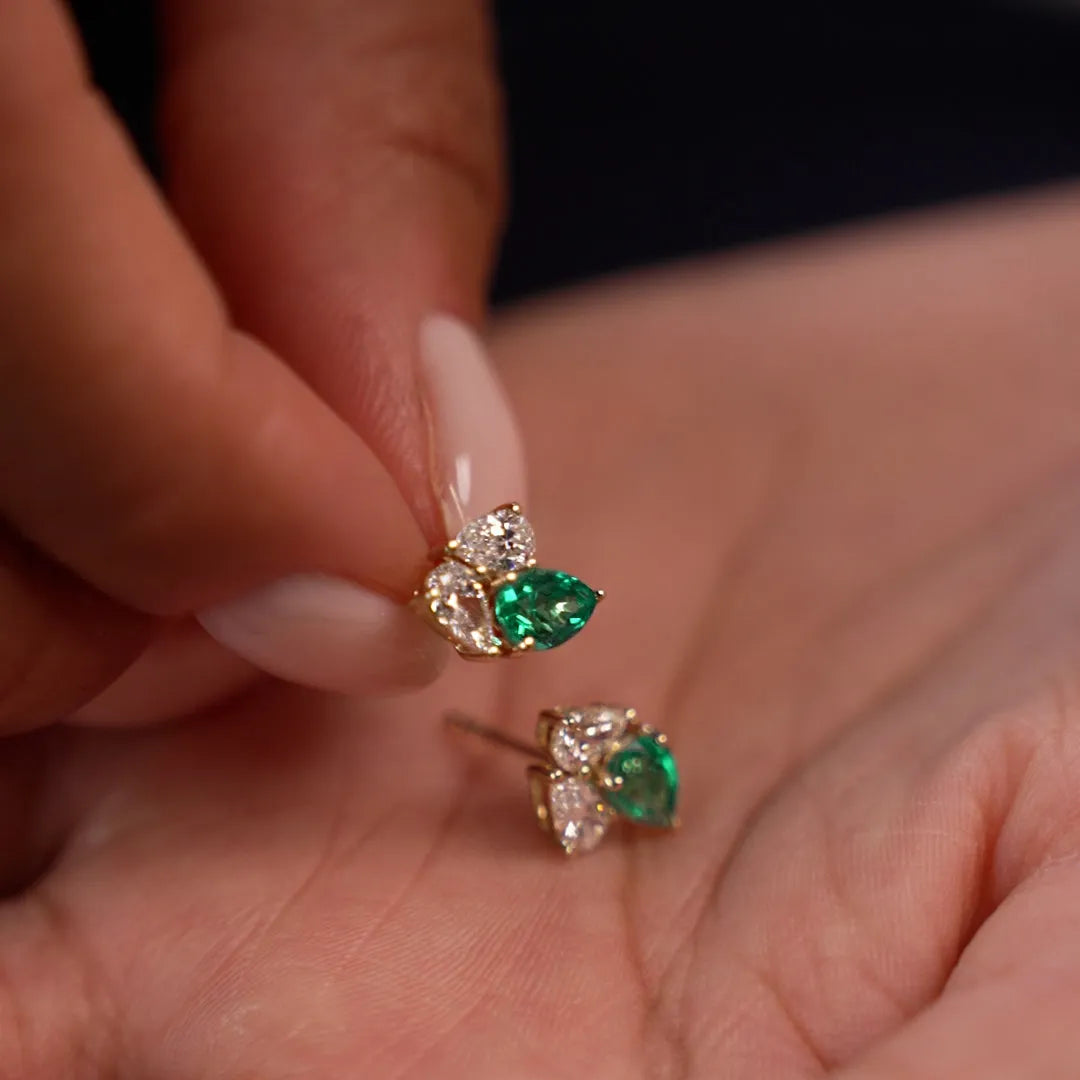 14k Gold Lab Grown Emerald and Diamond Pear Cut Stud Earrings 1.79 ctw