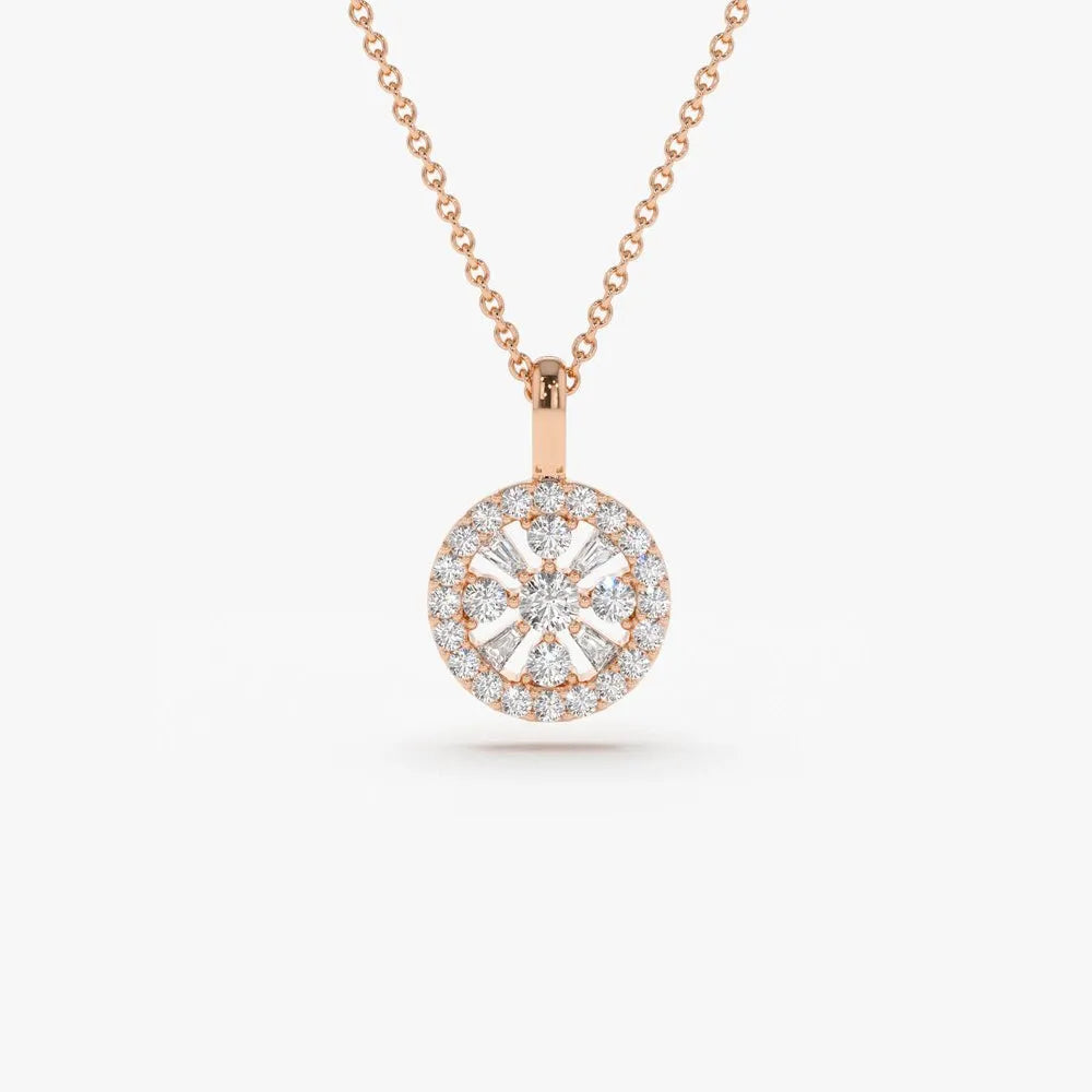 14K Solid Gold Baguette and Round Diamond Charm Necklace 0.32ctw