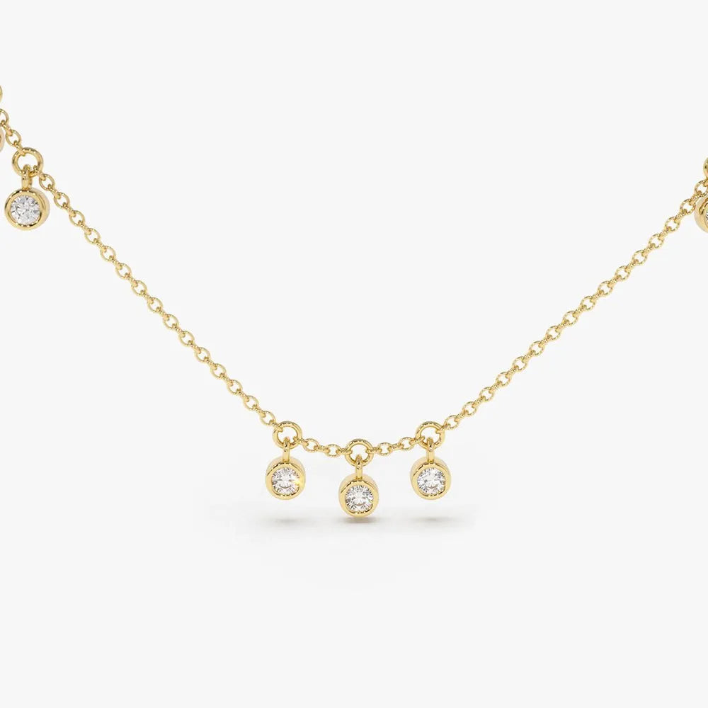 14K Solid Gold Round Diamond 9 Stone Bezel Set Dangle Necklace 0.27ctw