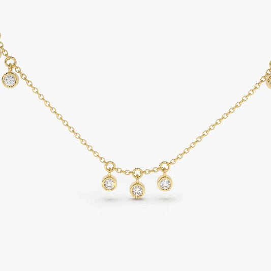 14K Solid Gold Round Diamond 9 Stone Bezel Set Dangle Necklace 0.27ctw