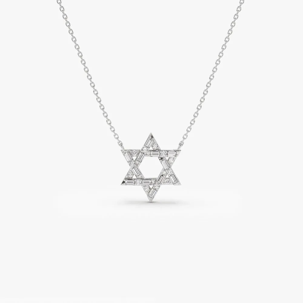 14K Solid Gold Baguette and Round Diamond Star of David Pendant Necklace 0.34ctw