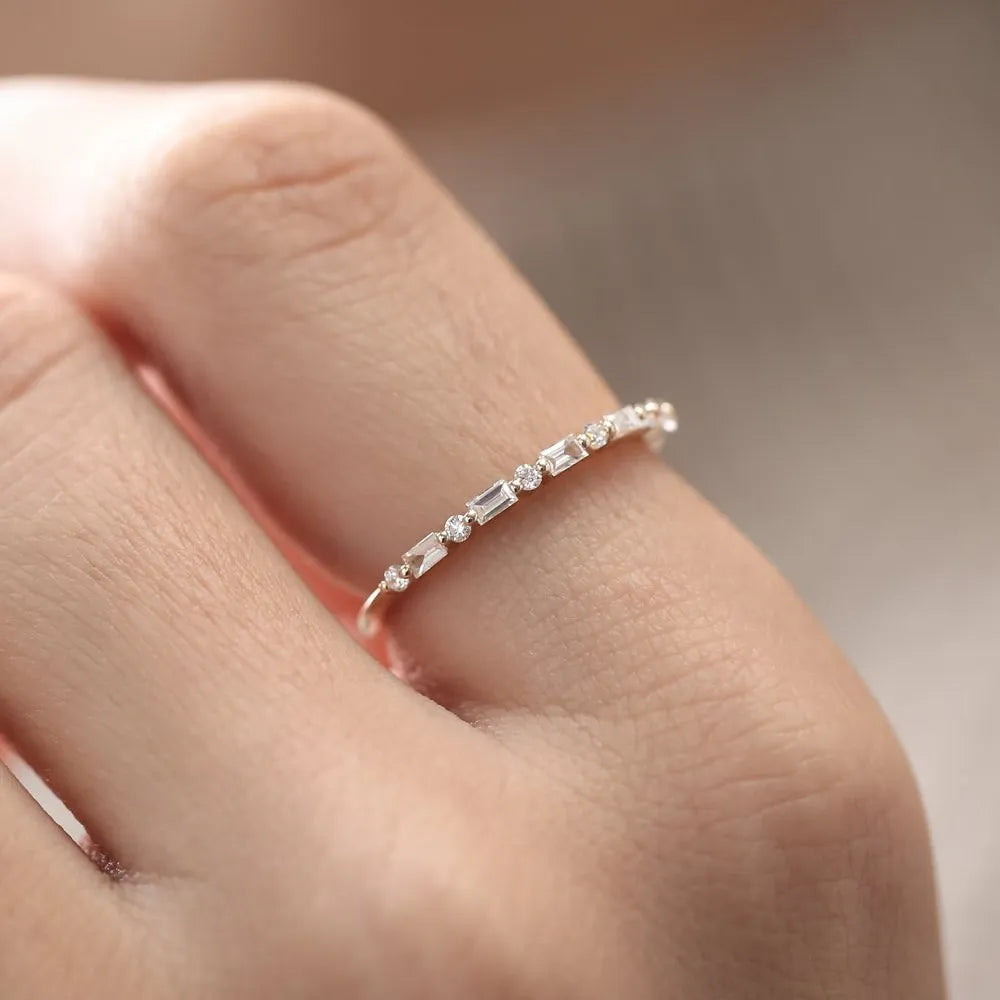 14K Solid Gold Baguette and Round Diamond Shared Prong Band Ring