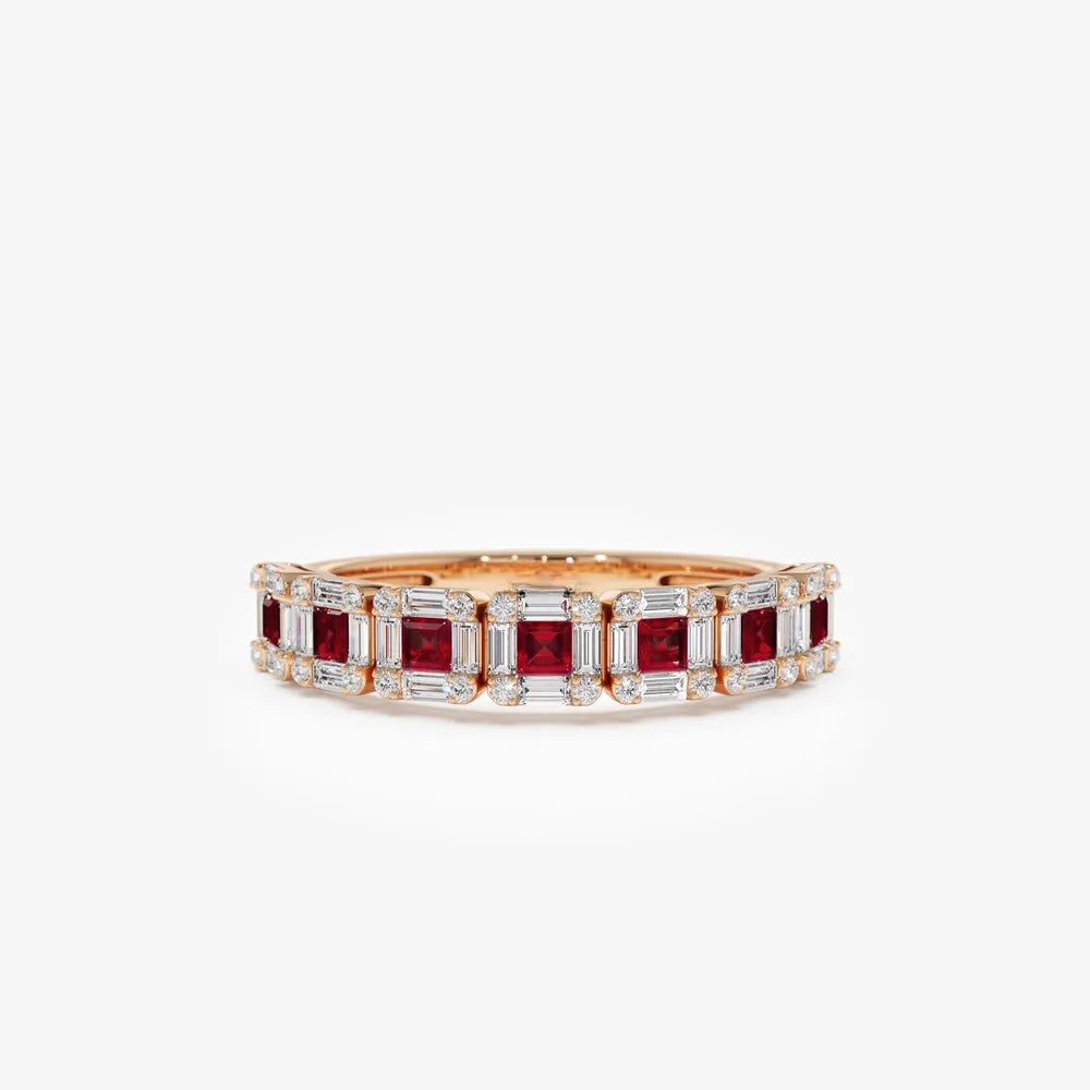 14k Gold Ruby and Diamond Princess Baguette and Round Cut Ring 0.80 ctw