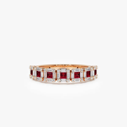 14k Gold Ruby and Diamond Princess Baguette and Round Cut Ring 0.80 ctw