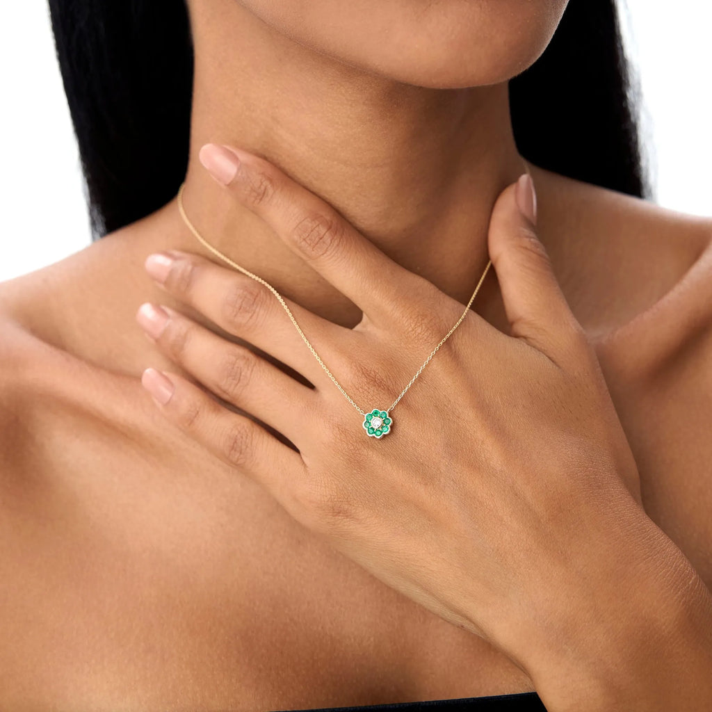 14k Solid Gold Round Emerald 0.25 CTW and Diamond 0.05 CTW Flower Bezel Setting Pendant Necklace