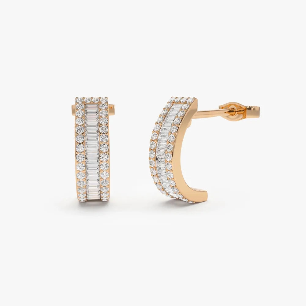 14k Gold Diamond Baguette and Round Cut Micro Pave Hoop Earrings 0.75 ctw