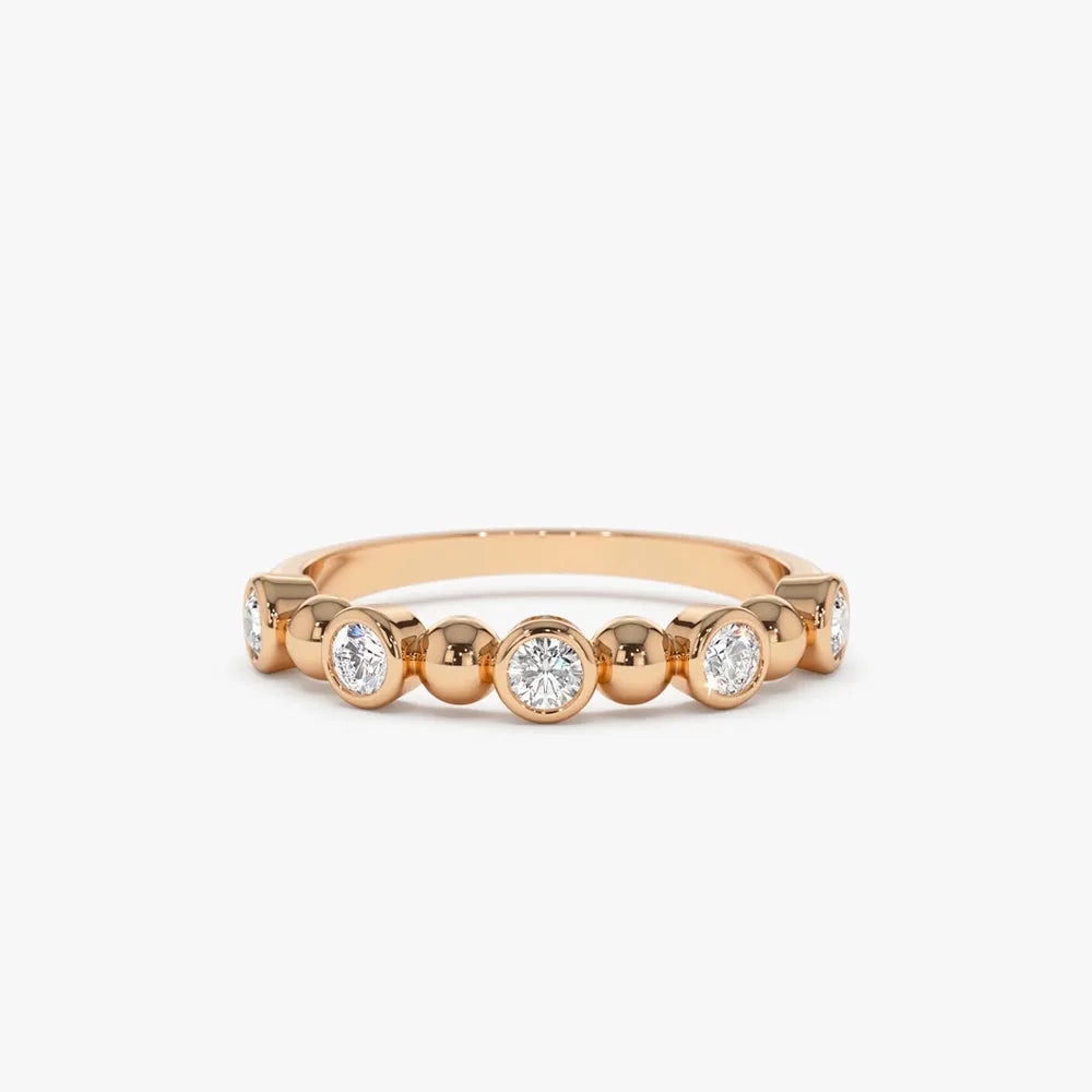 14k Gold Diamond Round Cut Alternating Beads and Bezel Setting Ring 0.50 ctw
