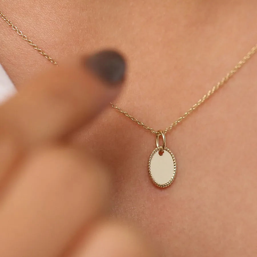 14k Solid Gold Personalized Mini Oval Initial Tag Pendant Necklace with Twist Rope Frame