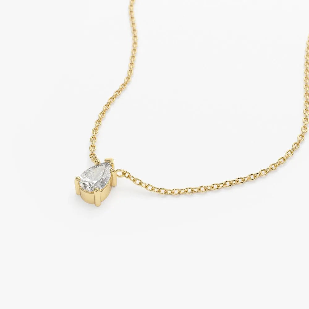 14K Solid Gold Pear Shape Diamond Solitaire Necklace Prong Setting 0.23ctw