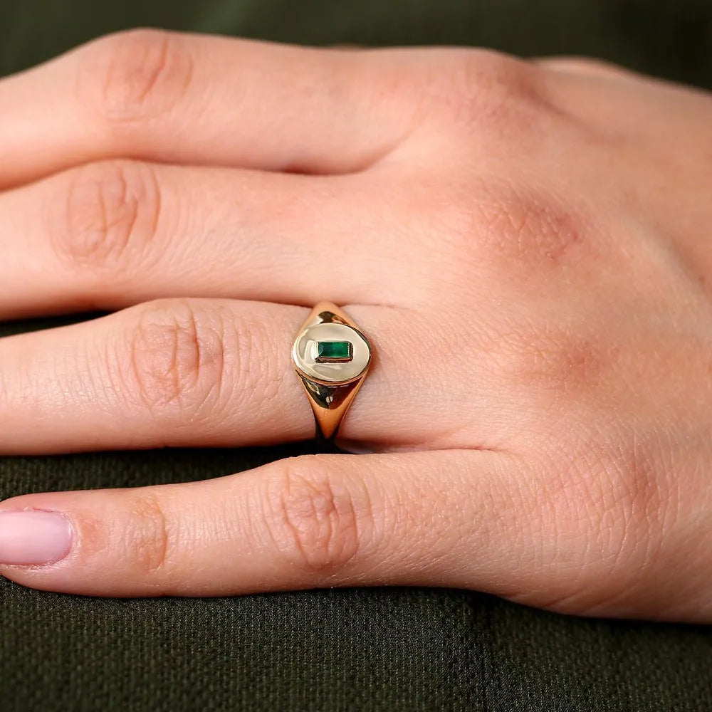 14K Solid Gold Baguette Emerald Bezel Set Signet Ring 0.15 CTW Handcrafted Jewelry