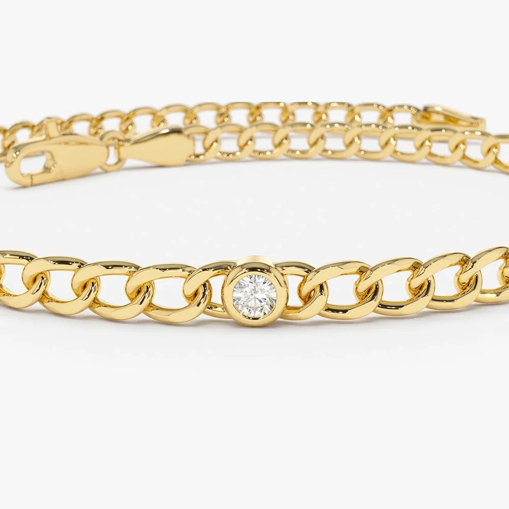 14K Solid Gold Lab Grown Diamond Round Bezel Cuban Link Chain Bracelet 0.6 Carat