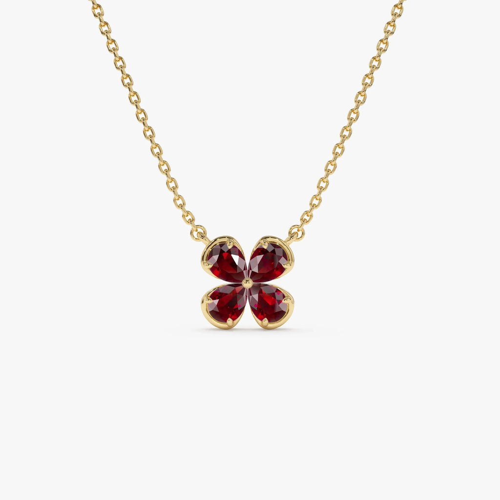 14k Solid Gold Garnet Pear Shaped Four Leaf Clover Necklace 0.75 Carat