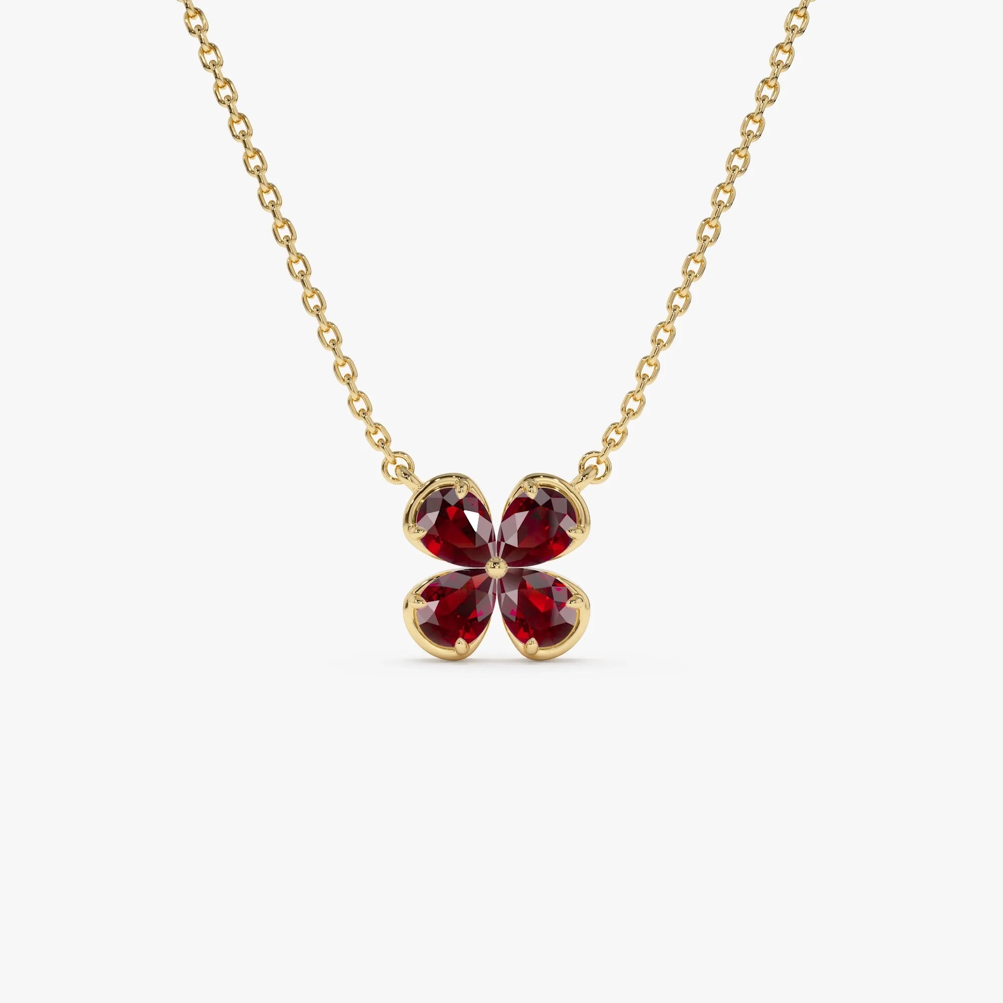 14k Solid Gold Garnet Pear Shaped Four Leaf Clover Necklace 0.75 Carat