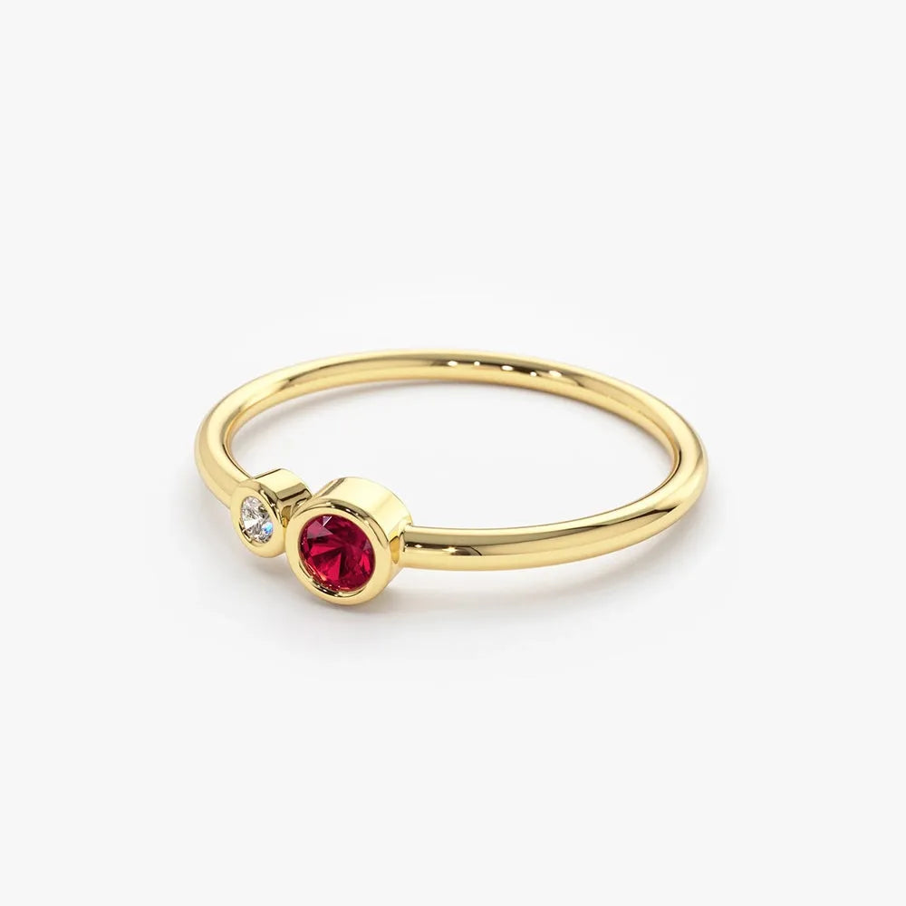 14k Gold Ruby and Diamond Round Cut Ring Bezel Setting Minimalist 0.18 ctw