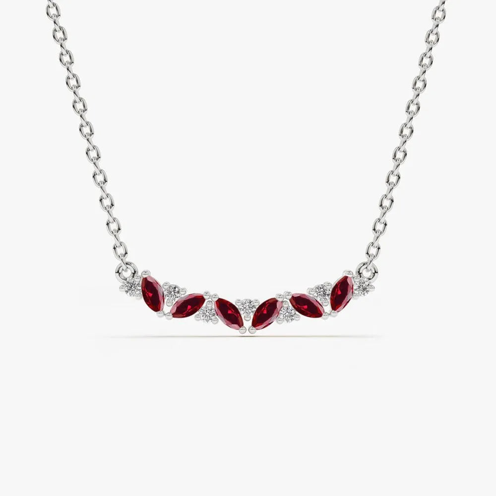 14k Solid Gold Ruby and Diamond Marquise Round Slanted Necklace 0.37 Carat