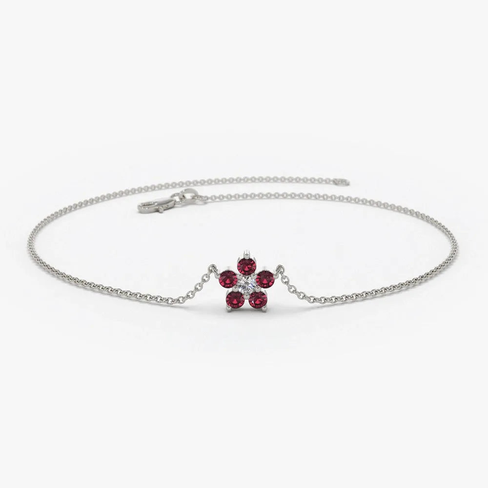 14K Solid Gold Round Ruby and Diamond Flower Charm Bracelet