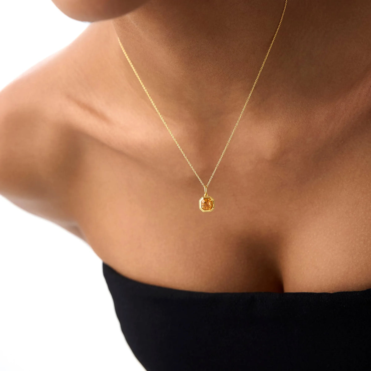 14k Solid Gold Citrine Asscher Cut Necklace 0.97 Carat Bezel Setting