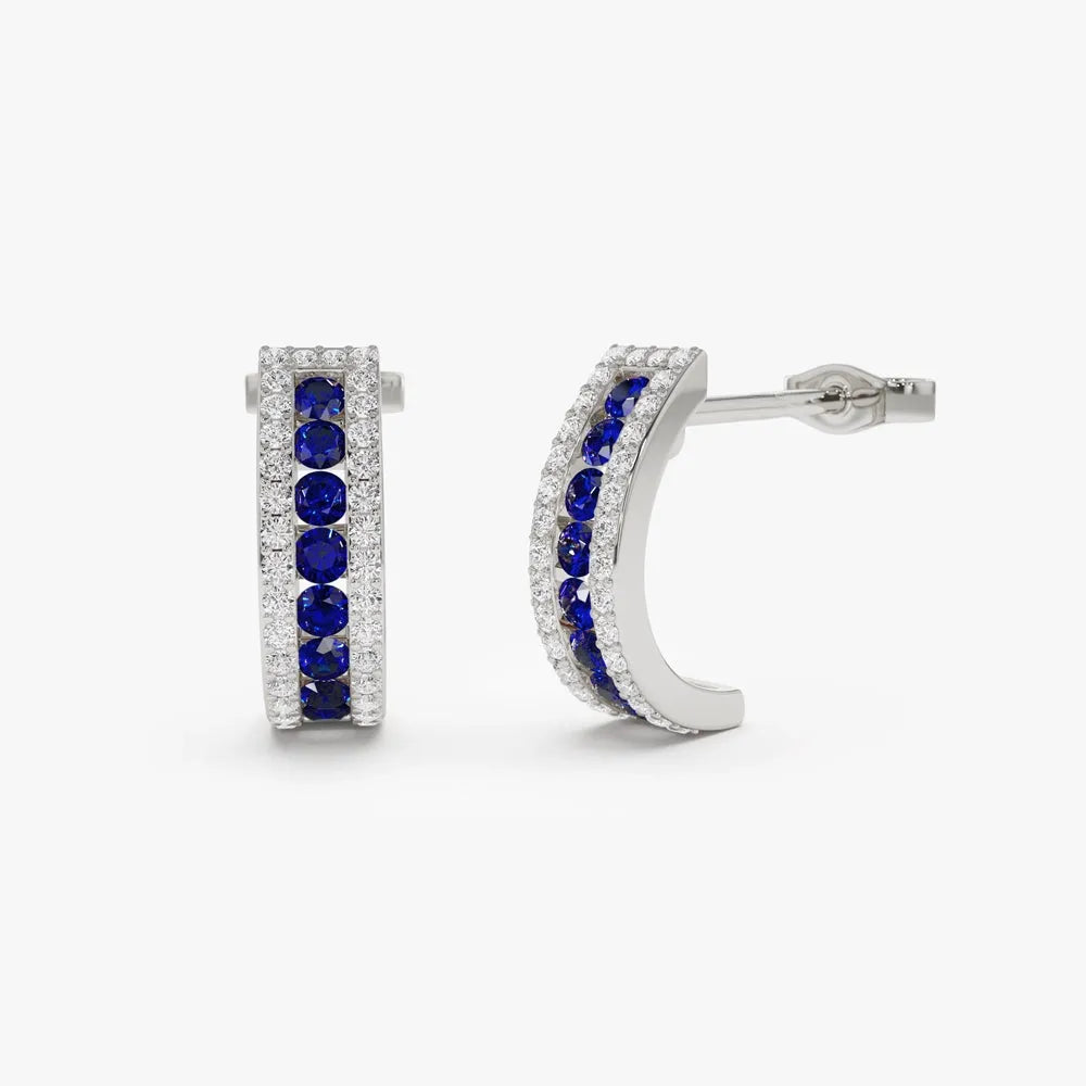 14k Solid Gold Round Blue Sapphire and Diamond Hoop Earrings 0.80 ctw