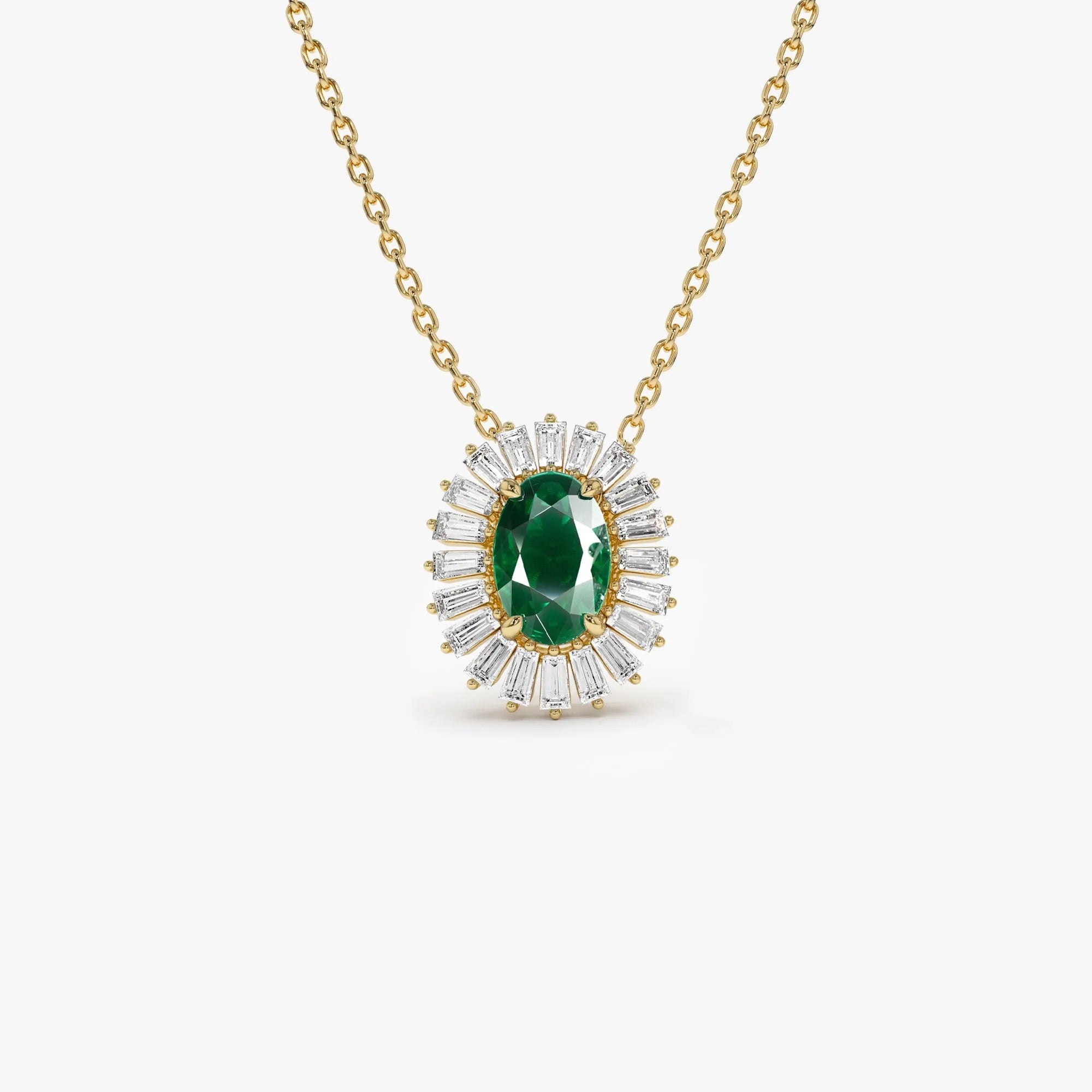 14k Solid Gold Oval Emerald 0.45 CTW and Baguette Diamond 0.20 CTW Halo Pendant Necklace