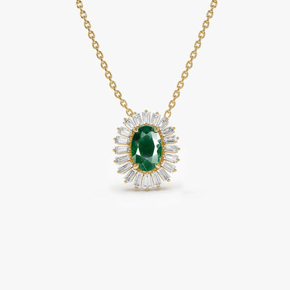 14k Solid Gold Oval Emerald 0.45 CTW and Baguette Diamond 0.20 CTW Halo Pendant Necklace