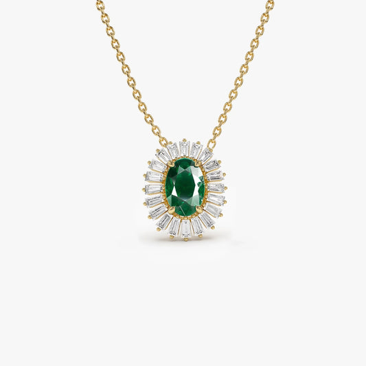 14k Solid Gold Oval Emerald 0.45 CTW and Baguette Diamond 0.20 CTW Halo Pendant Necklace