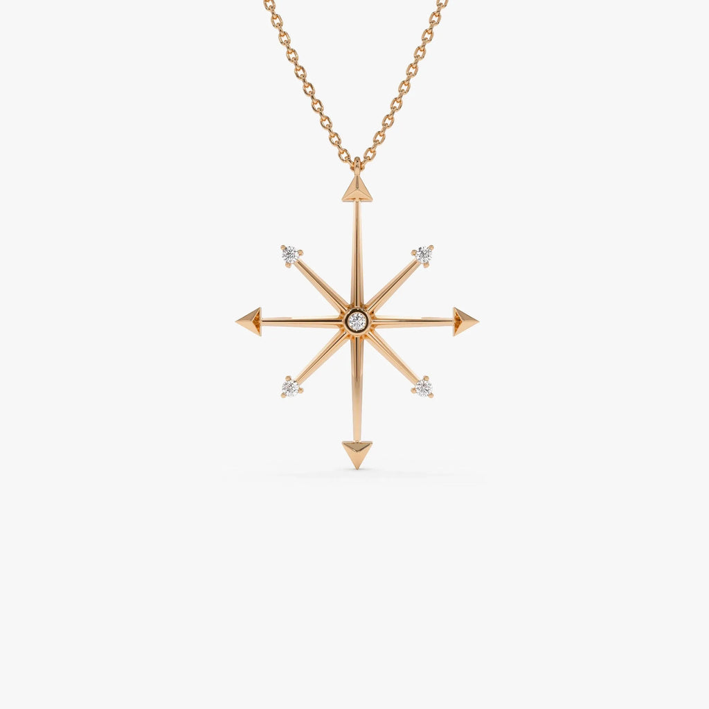 14K Solid Gold 0.11 CTW Round Diamond Compass Charm Necklace