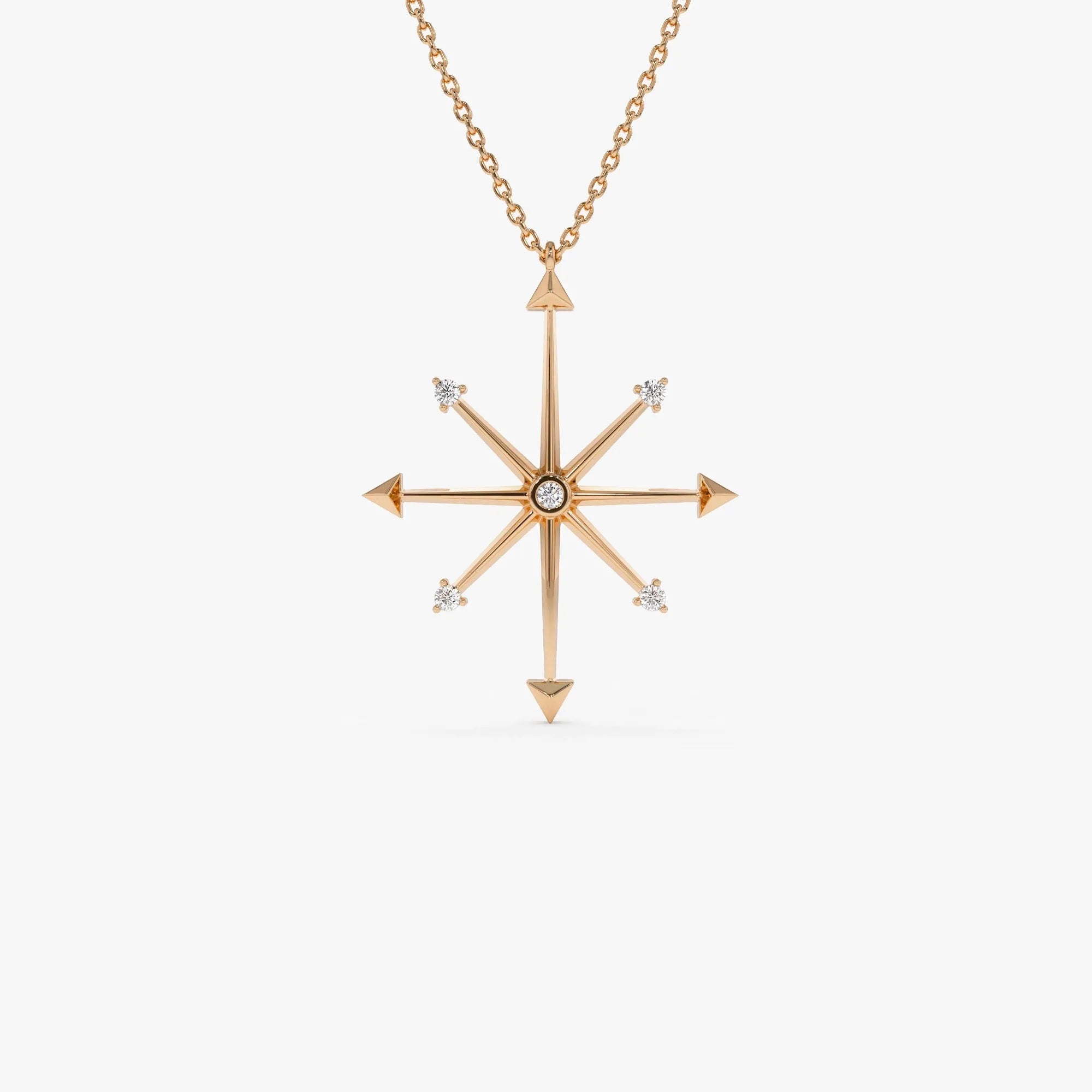 14K Solid Gold 0.11 CTW Round Diamond Compass Charm Necklace