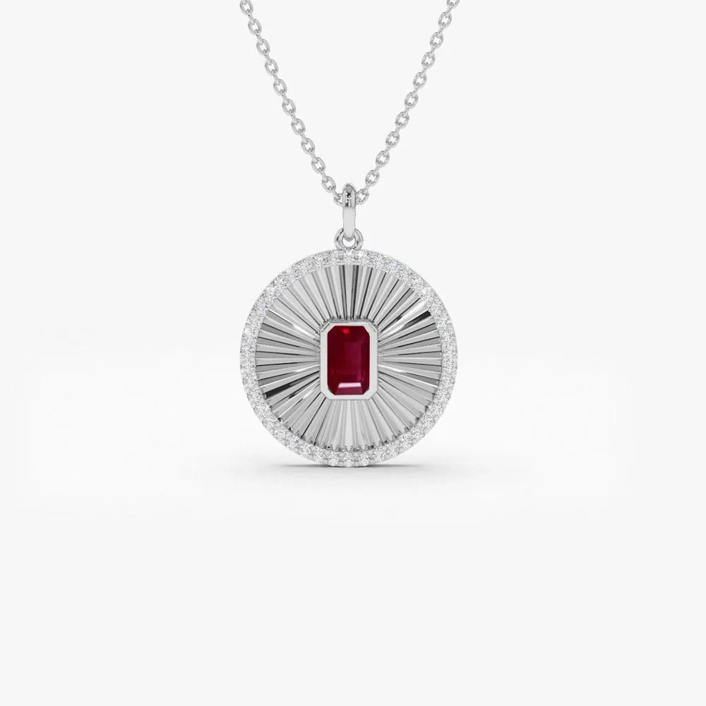 14k Solid Gold Ruby and Diamond Emerald Cut Medallion Disc Necklace 0.57 Carat