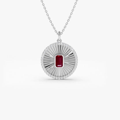 14k Solid Gold Ruby and Diamond Emerald Cut Medallion Disc Necklace 0.57 Carat