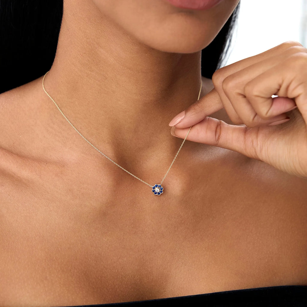 14k Solid Gold Round Sapphire 0.30 CTW and Diamond 0.05 CTW Flower Bezel Setting Necklace
