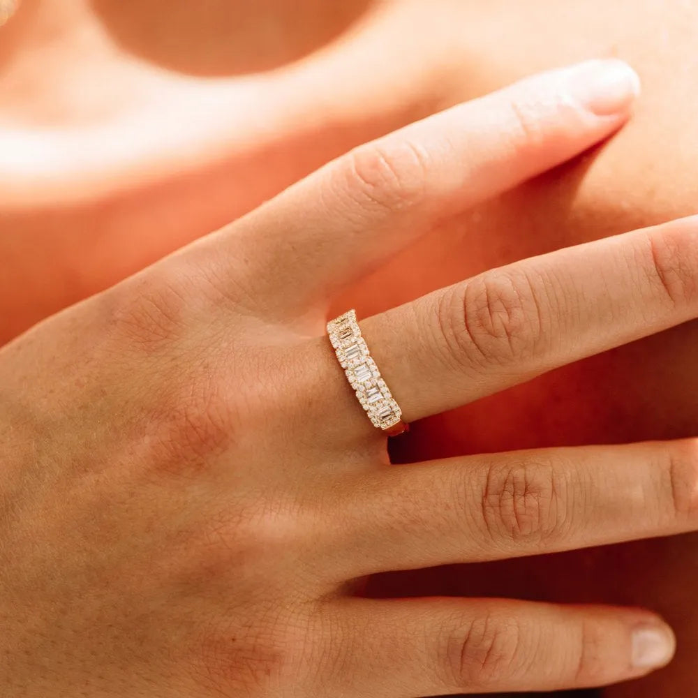 14K Gold Baguette and Round Diamond 0.70 ctw Channel Micro Pave Ring