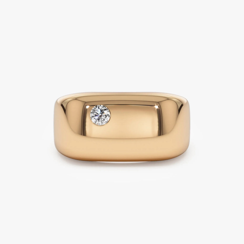 14K Solid Gold Round Diamond 0.08 Carat Rectangular Signet Ring