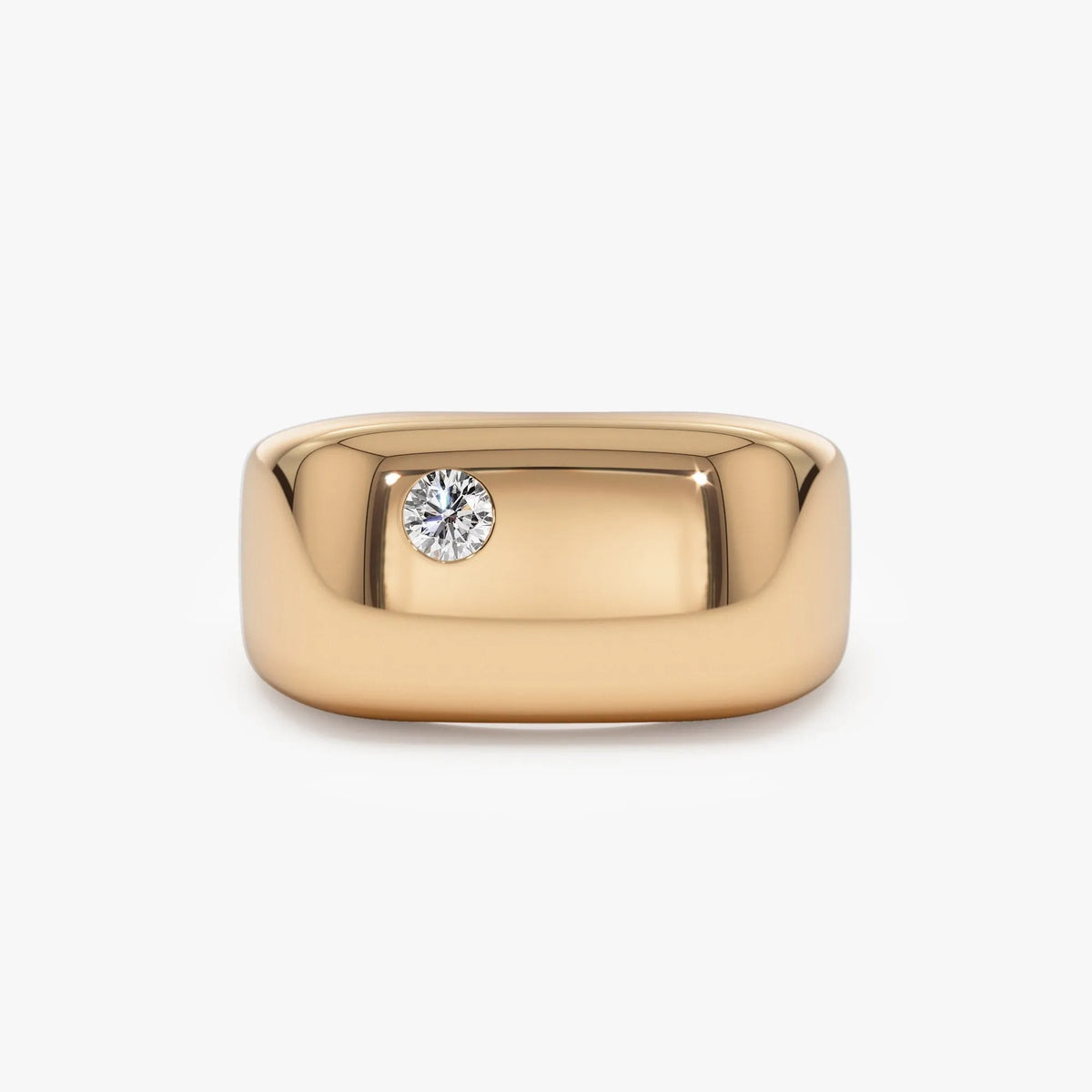 14K Solid Gold Round Diamond 0.08 Carat Rectangular Signet Ring