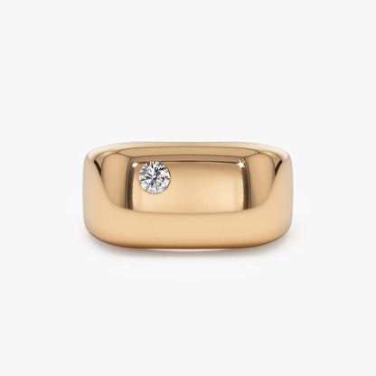 14K Solid Gold Round Diamond 0.08 Carat Rectangular Signet Ring