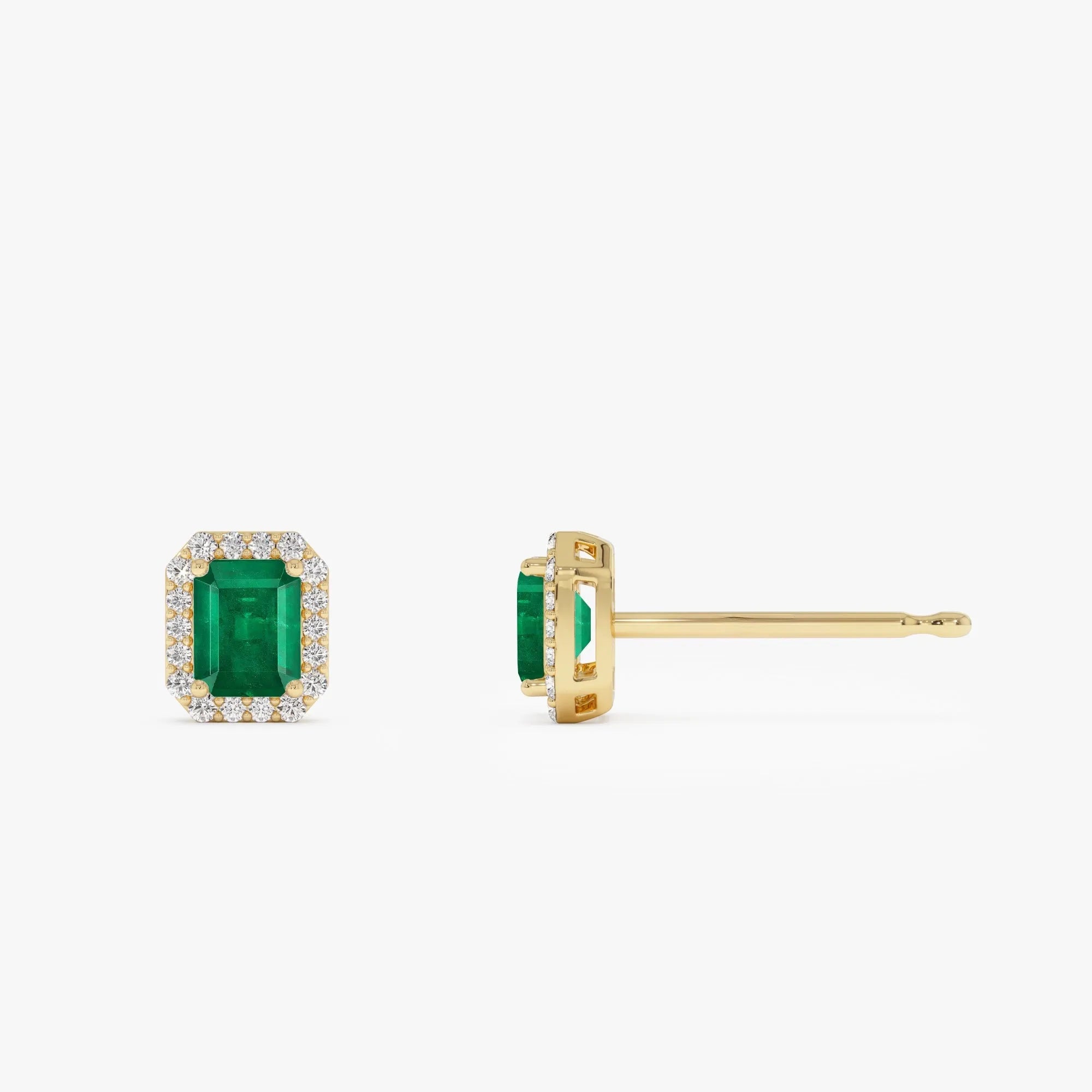 14k Solid Gold Octagon Emerald and Round Diamond Halo Stud Earrings 1.04 ctw