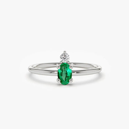 14K Gold Oval Emerald and Round Diamond Ring 0.19 CTW Prong Setting Handcrafted Jewelry