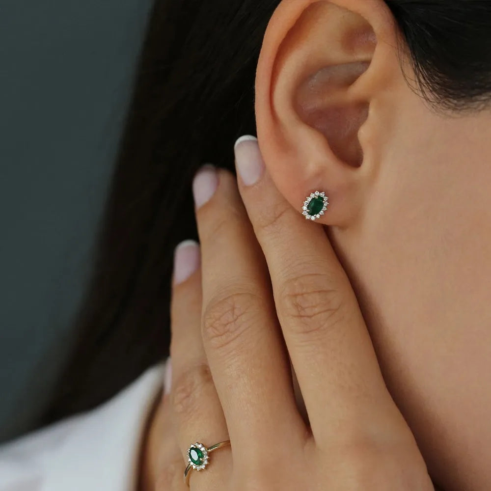 14k Solid Gold Oval Emerald and Round Diamond Halo Earrings 0.37 ctw