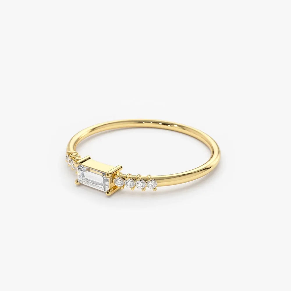 14K Solid Gold Baguette and Round Diamond 0.25 Ctw Prong Setting Engagement Ring
